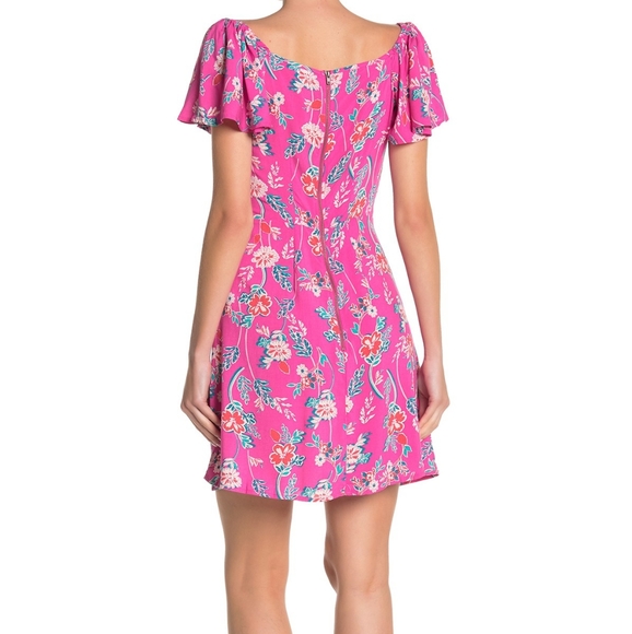 NWOT Row A Flutter V Neck Pink Floral Mini Dress - Picture 2 of 7